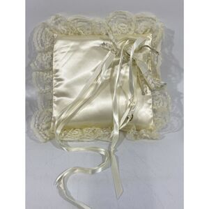 Vintage Satin Wedding Ring Bearer Pillow Champagne Lace And Silk Flowers 10.5”